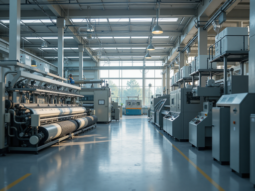 现代化棉纺生产车间内部，自动化设备运行中，工人操作机器，体现先进生产工艺